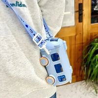 Kids cute bus shape water bottle showing the attached adjustable shoulder strap
