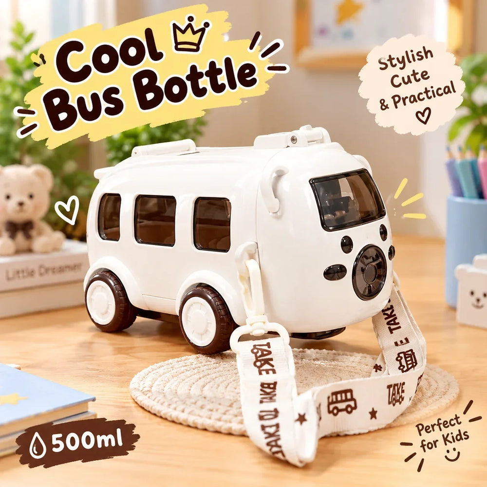 Cute bus shape portable water bottle for kids with straw and strap