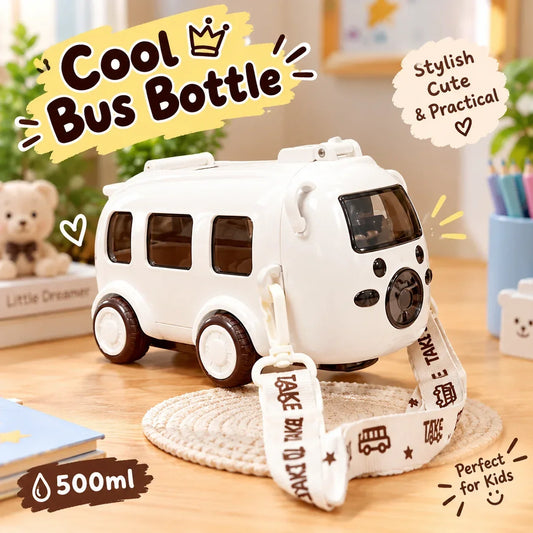 Cute bus shape portable water bottle for kids with straw and strap