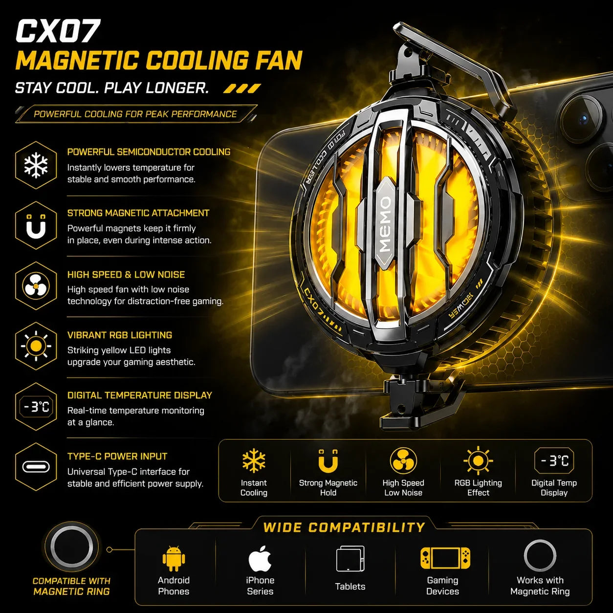 CX07 Magnetic Mobile Cooling Fan with RGB Display - Muveszi Pakistan (image 2)