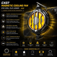 Close-up of dynamic RGB display on CX07 phone gaming cooler fan