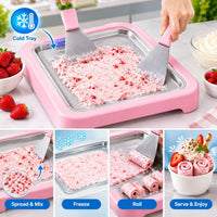 Close-up of mixing fresh fruits and chocolate toppings on the non electric ice cream cold plate
