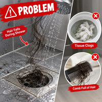 A promotional comparison graphic for a hair clogging shower drain product. The left side shows dark hair falling into a shower drain under running water, with a red 'PROBLEM' banner and text reading 'Hair Falls During Shower.