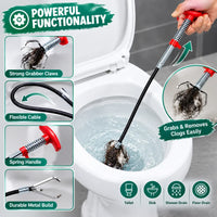 A toilet drain snake tool being used in a toilet bowl, with a hand holding the red spring handle. The image includes feature callout panels showing strong grabber claws, a flexible cable, a spring handle, and durable metal build, plus text highlighting powerful functionality and drain cleaning use cases.