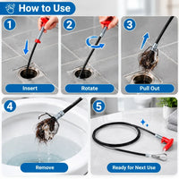 Five-panel how-to diagram showing use of a drain cleaning snake tool: insert, rotate, pull out, remove, and ready for next use on a toilet and hose.