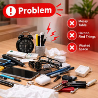 A messy wooden table cluttered with a clock, pens, glasses, phone, and various small items.