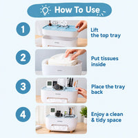 Step-by-step guide to using the Ecoco multifunctional tissue box and remote control organizer.