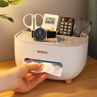 Open view of the Ecoco tissue box organizer showing how to place tissue rolls inside