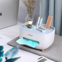 Ecoco multifunctional white tissue box and desk organizer with pens, pencils, and stapler.