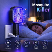 Electric mosquito killer lamp glowing with purple UV light trap in a dark room