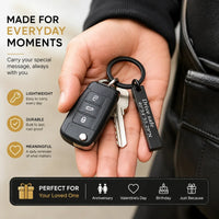 Complete premium presentation layout of the customized engraved bar keychain ready for shipping