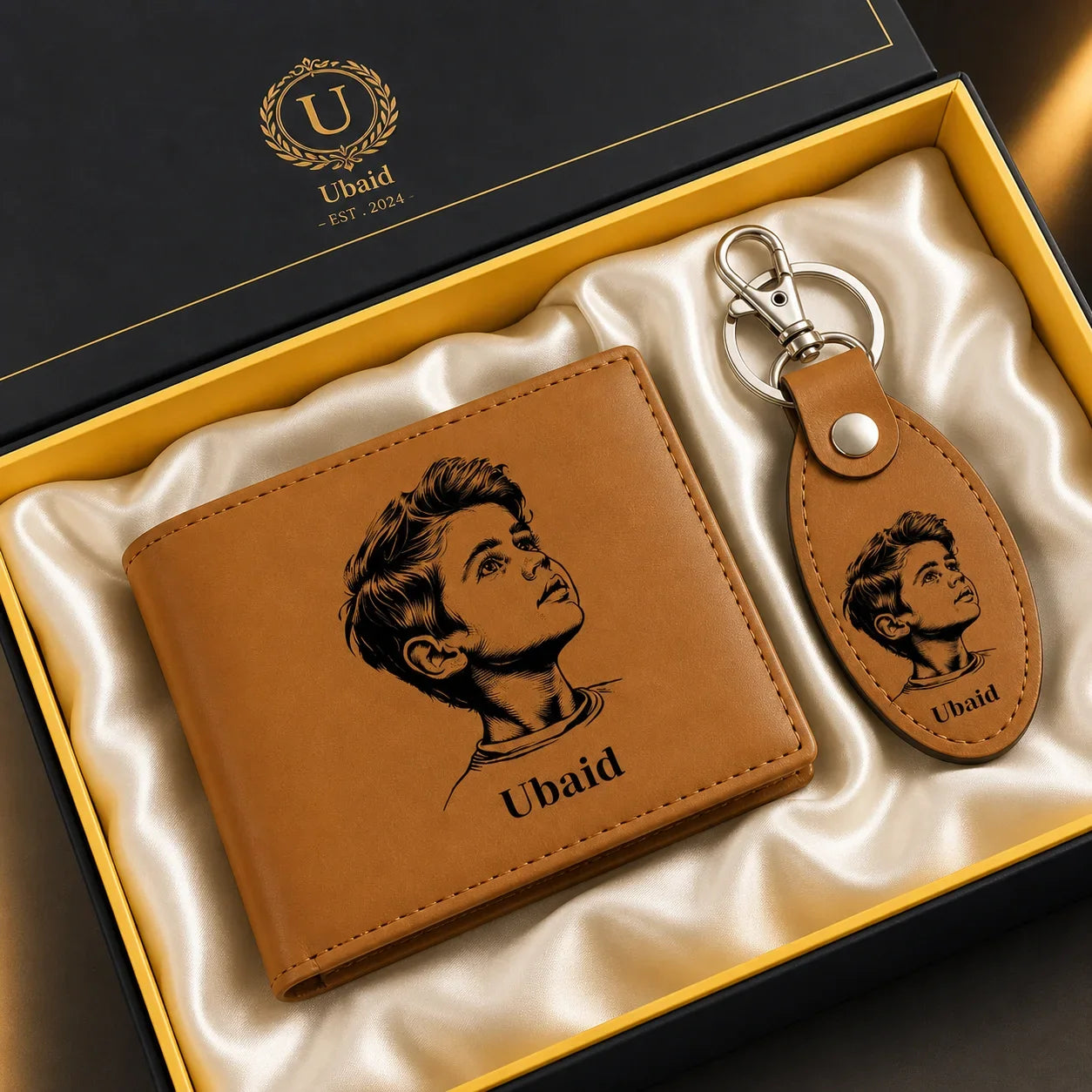 Engraved Name Wallet and Keychain Set Leather Gift for Him - Muveszi Pakistan (image 3)