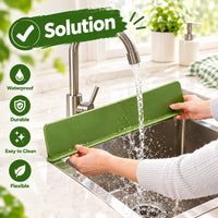 Close-up of the adjustable center hole of the faucet splash guard fitted tightly around a kitchen tap