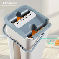 Muveszi Flat Squeeze Mop Bucket Set showing scrape dry and cleaning functions.