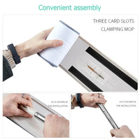 Instructional guide for assembling a Muveszi flat squeeze mop head and handle.
