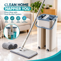 Complete components presentation layout of the flat squeeze mop extendable handle and dual chamber bucket