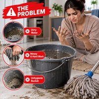 A woman looking frustrated while cleaning with a dirty mop and bucket of murky water.