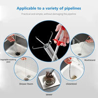 Flexible drain snake pipe unclogger and mechanical four-claw clean up tool package