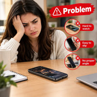 Frustrated woman with smartphone on desk showing problems solved by Muveszi phone holder
