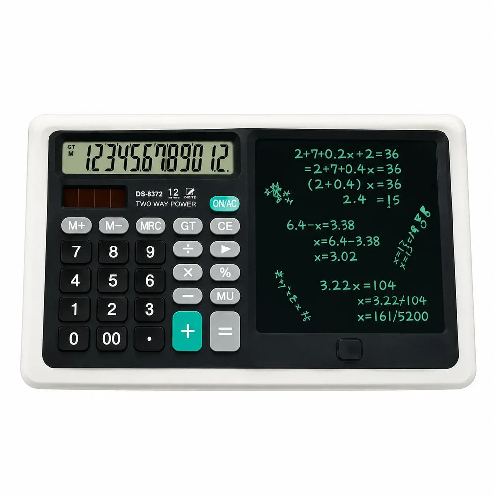 Functional 12-digit accounting calculator with integrated LCD writing tablet panel