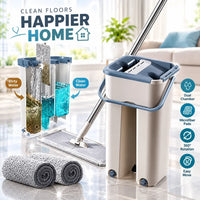 Inserting the flat mop into the self squeeze dry chamber slot of the cleaning bucket