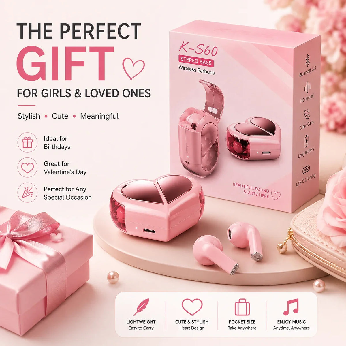 Heart Shape Wireless Bluetooth Earbuds Gift for Her - Muveszi Pakistan (image 3)