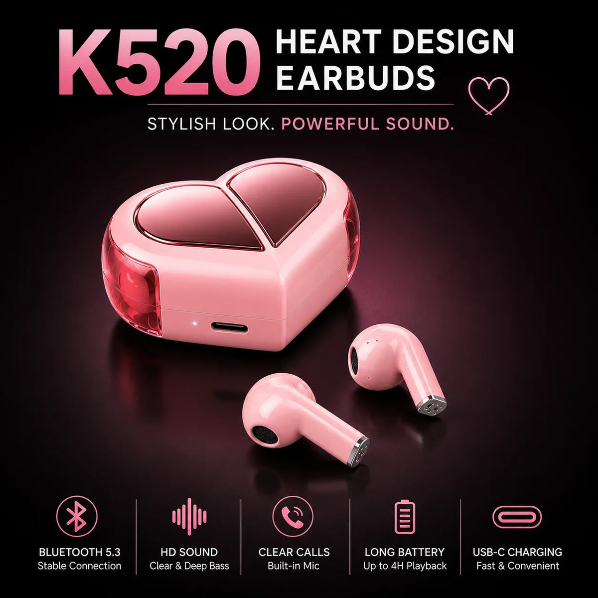 Heart Shape Wireless Bluetooth Earbuds Gift for Her - Muveszi Pakistan (image 4)