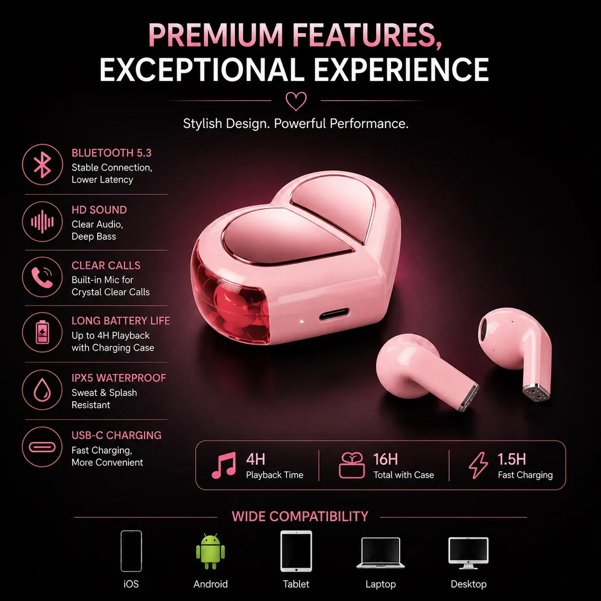 Heart Shape Wireless Bluetooth Earbuds Gift for Her - Muveszi Pakistan (image 5)