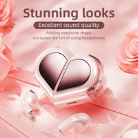 Heart shape wireless bluetooth earbuds inside the open rotatable charging case view