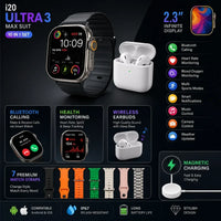Complete layout view highlighting the 7 premium straps and wireless earbuds included in the combo