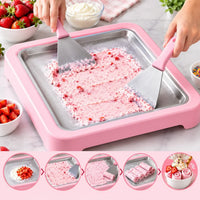 Pouring sweet milk cream mixture onto the surface of the instant ice cream maker pan