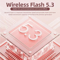 Wireless Flash 5.3 technology graphic for K520 heart shaped earbuds with stable transmission.