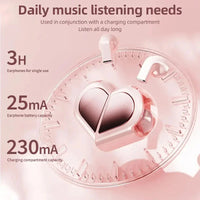 K520 pink heart shaped wireless earbuds with 3H playtime and charging compartment capacity.