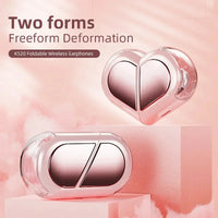 K520 foldable wireless earbuds in a heart-shaped pink charging case.