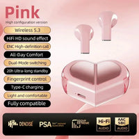 Pink K520 heart shaped wireless earbuds with rotatable charging case and HiFi HD sound.
