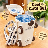Close-up of the one button pop up lid and silicone straw on kids bus bottle