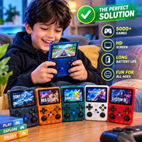 A boy holding a blue handheld gaming console in a cozy living room setting, with five other handheld game consoles in black, orange, teal, white, and red lined up on a table in front. Text overlays highlight key features like 'The Perfect Solution', '5000+ Games', 'HD Screen', 'Long Battery Life', and 'Fun for All Ages'.
