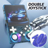 Close-up view of the mechanical joystick and clickable colorful buttons on the kids toy console