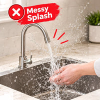 Water splashing from a stainless steel kitchen faucet into a sink during hand washing.
