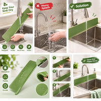 Green silicone kitchen faucet splash guard mat preventing water from splashing on the sink.