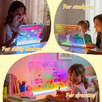 A three-panel collage showing a glowing lightbox writing board in use by adults and children at a desk. The top-left panel shows a woman writing on the board for daily memos, the top-right shows a woman and child using it for studying with colorful chalkboard equations, and the bottom panel shows a child drawing on the illuminated board.