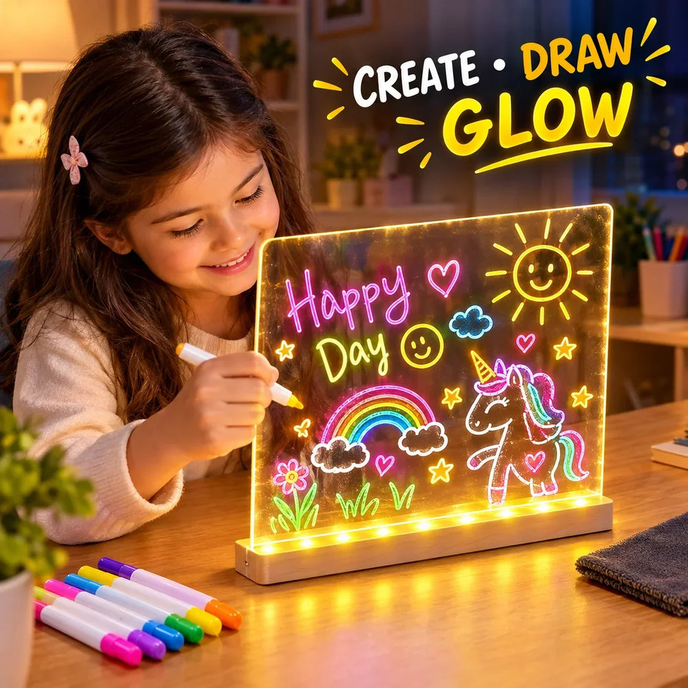 LED light-up drawing board for kids with neon glow pen and USB cable