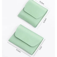 Two mint green bifold wallets shown on a white background with dimension lines and measurements indicating size.