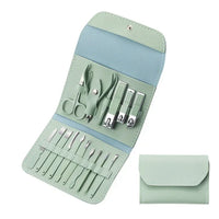 A mint green nail care set in an open faux-leather organizer case, shown alongside the closed matching pouch on a plain white background. The set includes metal cuticles, nail clippers, scissors, and nail files.