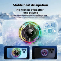 Phone case with camera lens protection on a snowy background, featuring text about heat dissipation.