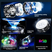 A promotional infographic for a cooling/light strip product, showing exploded views of internal cooling components, a glowing light strip, text callouts such as 'Overclocking cooling system,' 'Large area cooling,' 'Quiet large air duct,' 'Lightweight and hassle-free,' and 'RGB,' on a dark blue background.