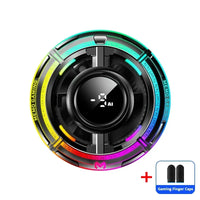 A circular black MEMO GAMING RGB gaming accessory with a glowing multicolor LED ring, shown on a white background with a small inset of two black finger caps labeled 'Gaming Finger Caps' and a plus sign between them.