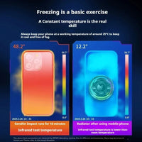 Thermographic comparison of a phone with Genshin Impact running and a radiator, showing temperature differences.