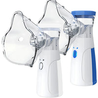 Three handheld nebulizer devices with clear face masks, shown on a plain white background. The devices are primarily white with blue accents, including a blue top cap and a blue side detail.