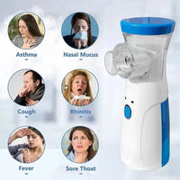 Inhaler device with images of people experiencing various health issues and corresponding labels.